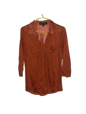 Almost Famous Rust Sheer Button Blouse Boho Indie Sleaze Y2K Chic Top Size M